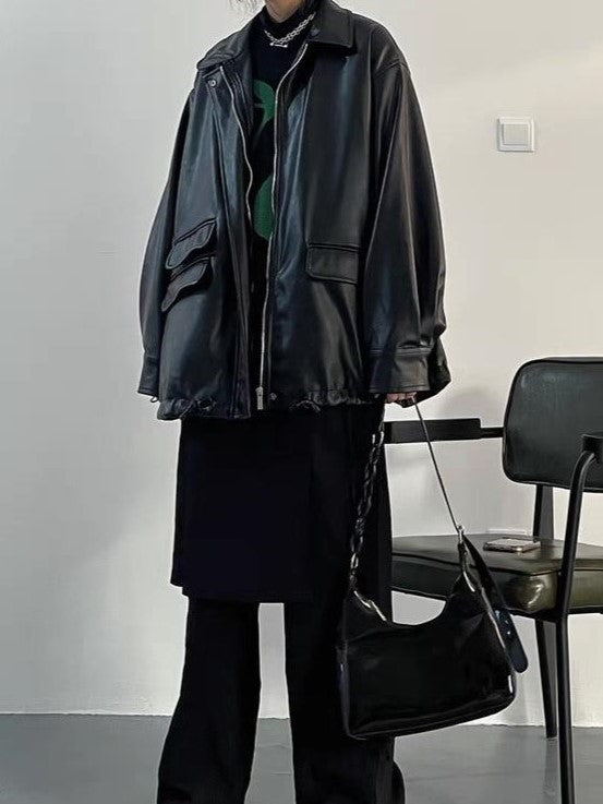 R&B | Oversized Schwarzer Veganer Lederjacke mit Reißverschluss