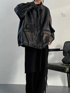 R&B | Oversized Schwarzer Veganer Lederjacke mit Reißverschluss