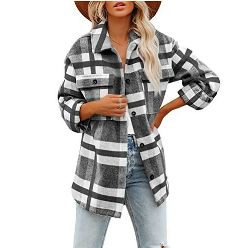R&B | Übergröße Damen Wolljacke mit Karomuster und Taschen