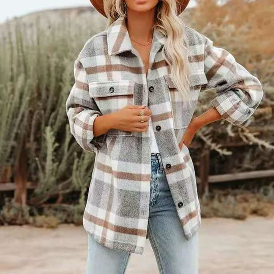 R&B | Übergröße Damen Wolljacke mit Karomuster und Taschen