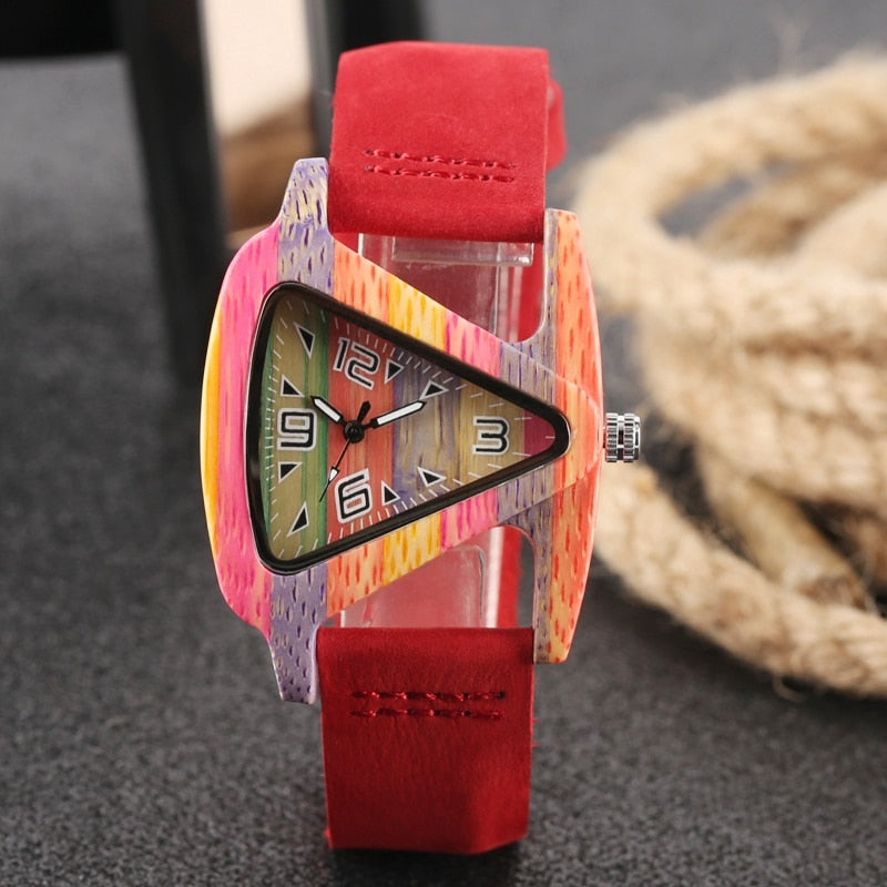 R&B | Farbige Dreieck Bamboo Wood Uhr