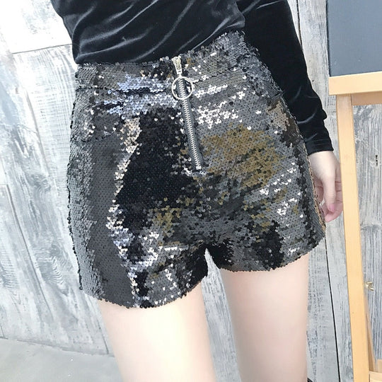 R&B | Pailletten Shorts Hohe Taille Oring Reißverschluss Front Bodycon