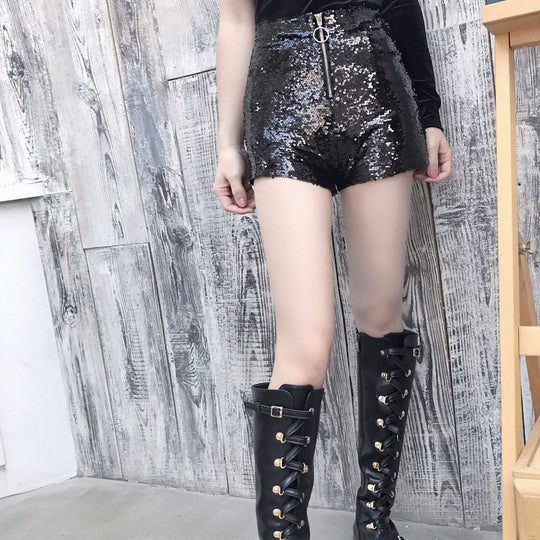 R&B | Pailletten Shorts Hohe Taille Oring Reißverschluss Front Bodycon