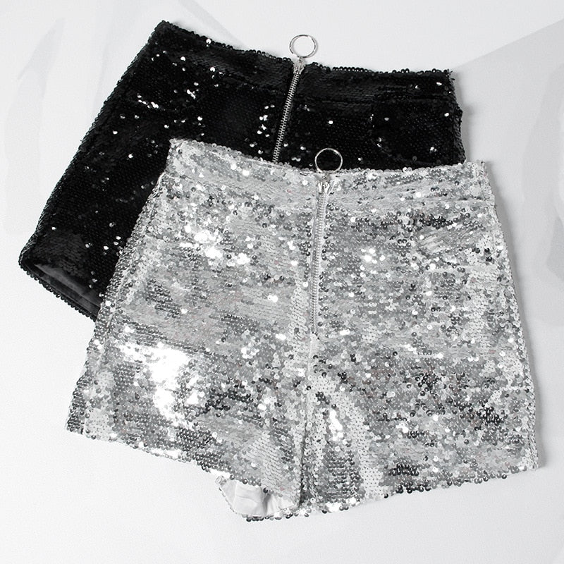 R&B | Pailletten Shorts Hohe Taille Oring Reißverschluss Front Bodycon
