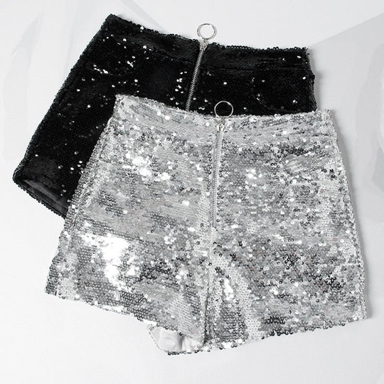 R&B | Pailletten Shorts Hohe Taille Oring Reißverschluss Front Bodycon
