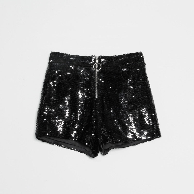 R&B | Pailletten Shorts Hohe Taille Oring Reißverschluss Front Bodycon