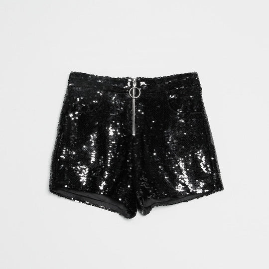 R&B | Pailletten Shorts Hohe Taille Oring Reißverschluss Front Bodycon