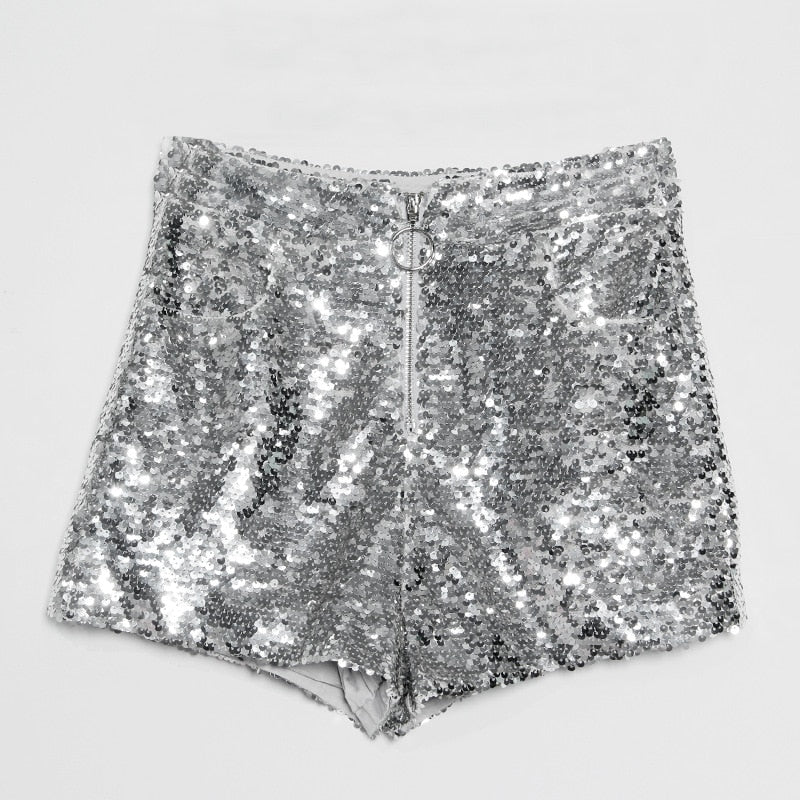 R&B | Pailletten Shorts Hohe Taille Oring Reißverschluss Front Bodycon