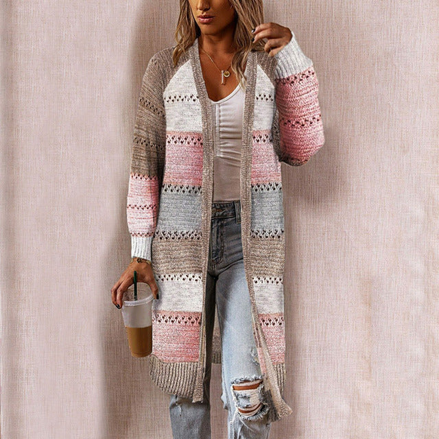 R&B | Strickjacke - Damen Herbst Lange Gestreifte Strickjacke