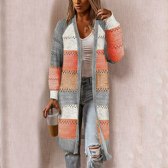R&B | Strickjacke - Damen Herbst Lange Gestreifte Strickjacke