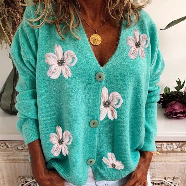 R&B | Cardigan - Damen Frühlings Blumenkarten Strickcardigan