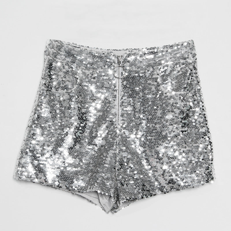R&B | Pailletten Shorts Hohe Taille Oring Reißverschluss Front Bodycon