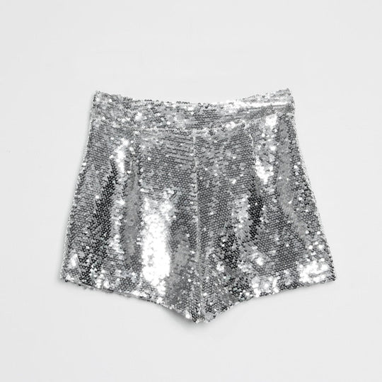 R&B | Pailletten Shorts Hohe Taille Oring Reißverschluss Front Bodycon