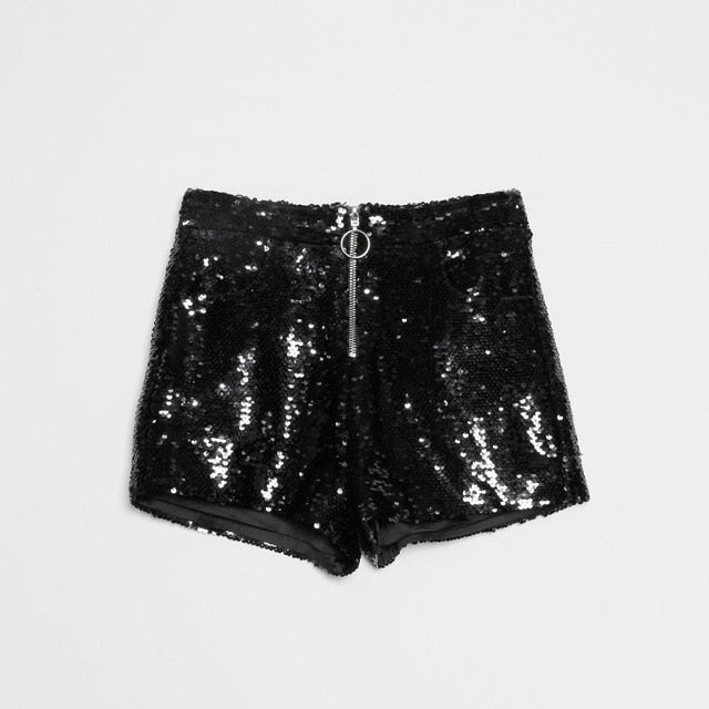 R&B | Pailletten Shorts Hohe Taille Oring Reißverschluss Front Bodycon