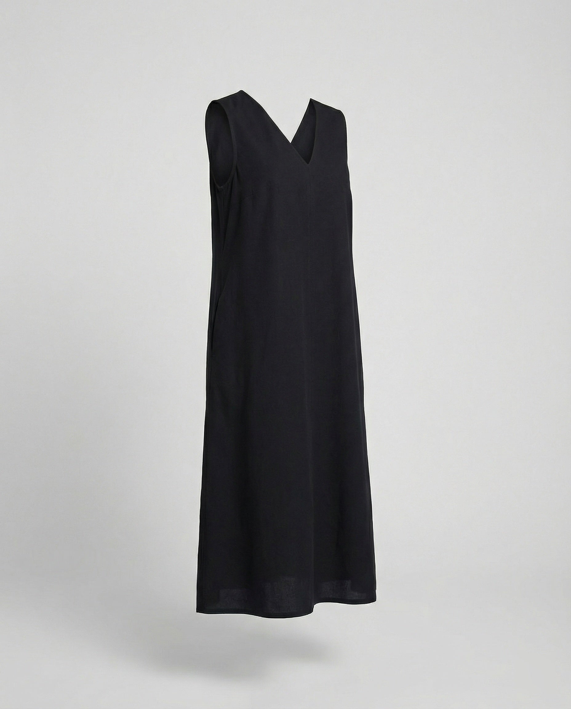 Damen Midi Kleid ärmellos mit V-Ausschnitt – Schwarz A-Linie