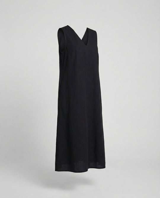 Damen Midi Kleid ärmellos mit V-Ausschnitt – Schwarz A-Linie