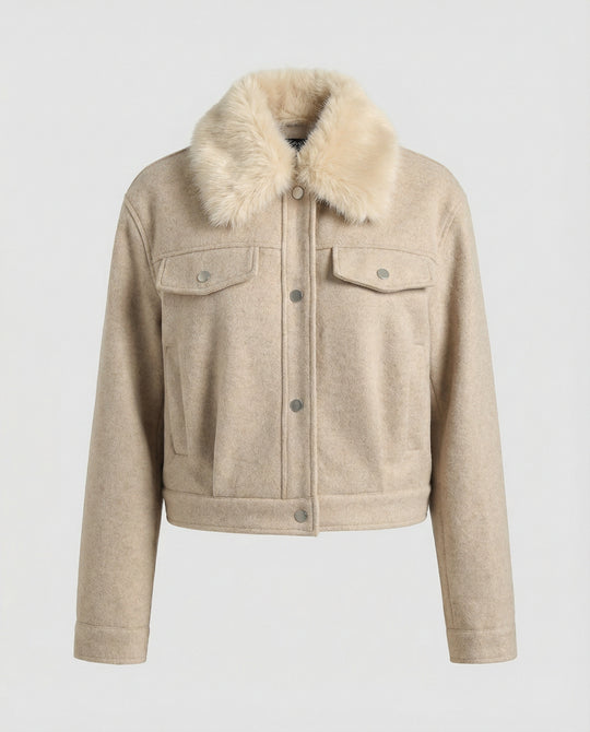 Damen Wolljacke mit Kunstfellkragen