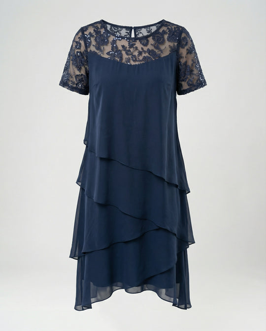 Damen Elegantes Schichtkleid mit Spitzenärmel und asymmetrischem Saum R&B