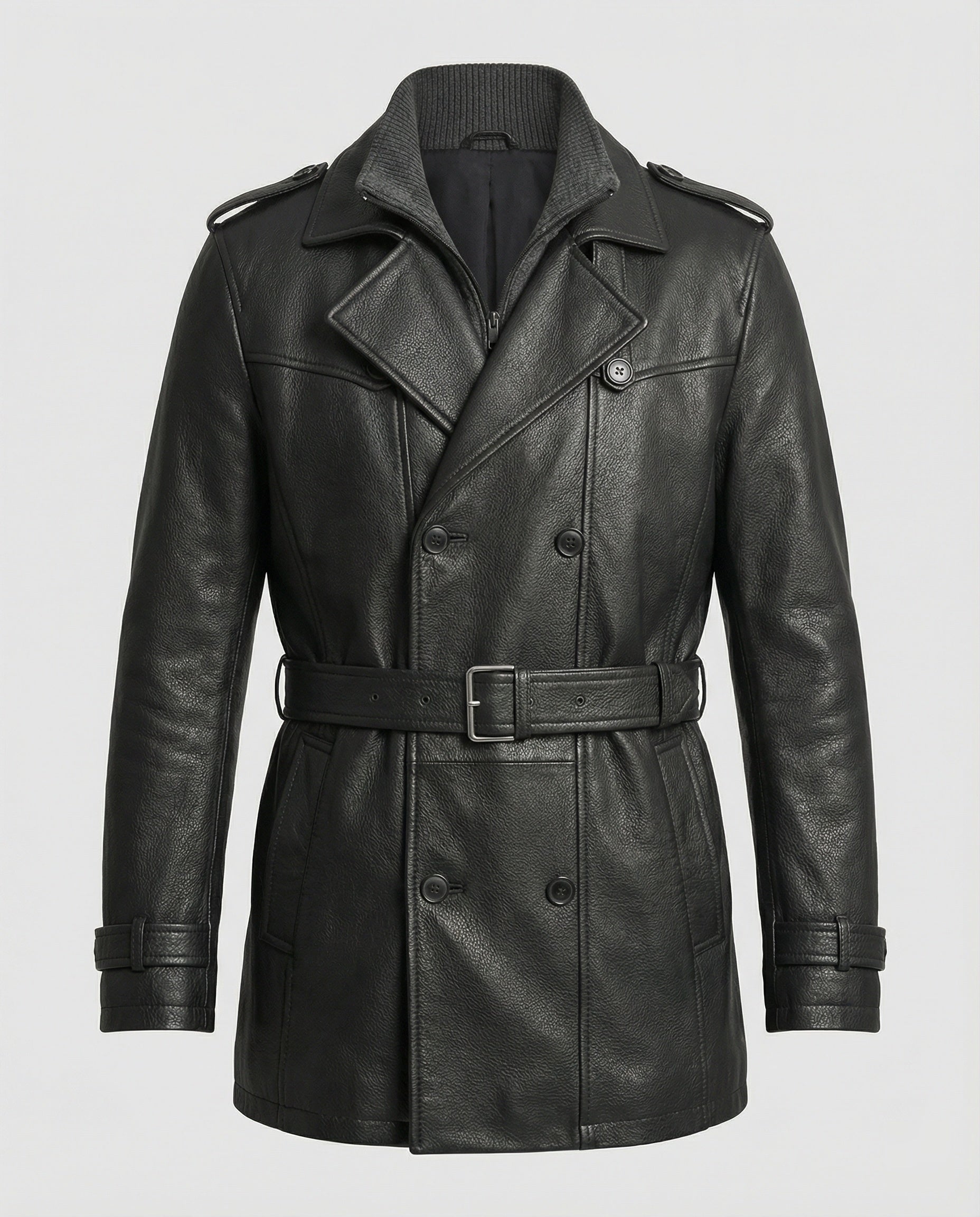 R&B | Doppelreihiger Leder-Trenchcoat Herren