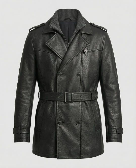 R&B | Doppelreihiger Leder-Trenchcoat Herren