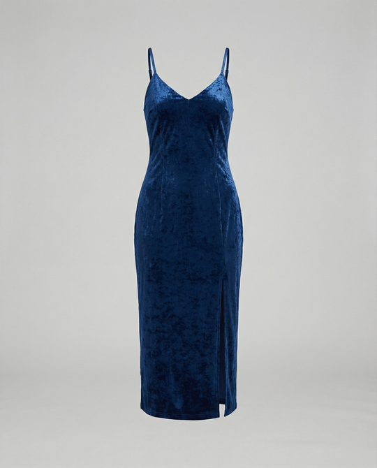 Damen Samt-Midi-Kleid mit tiefem V-Ausschnitt und seitlichem Schlitz R&B
