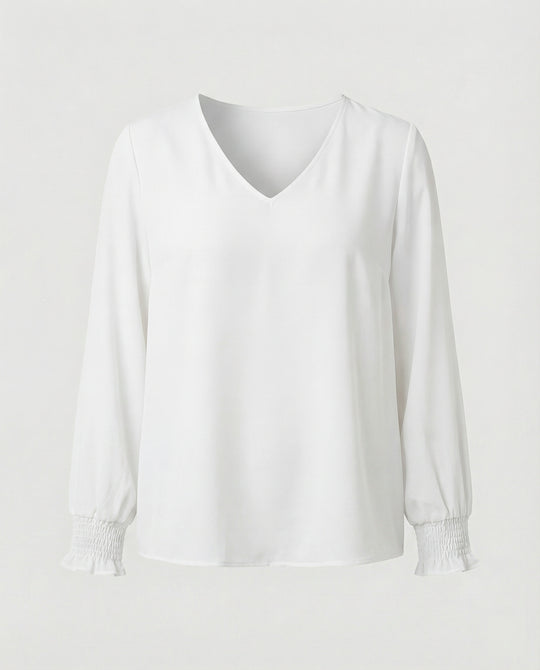 Damen elegante Bluse mit tiefem V-Ausschnitt und voluminösen Ärmeln R&B