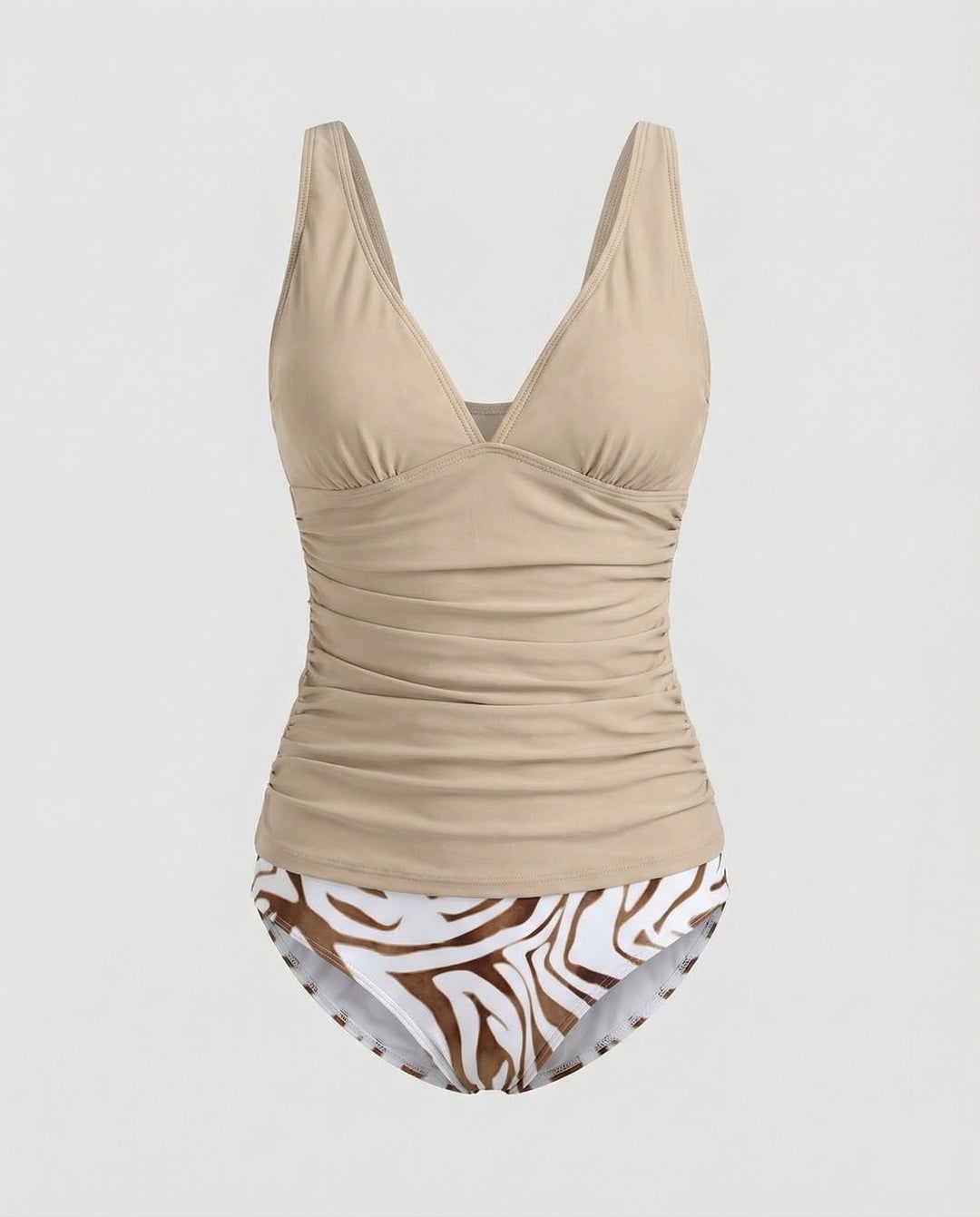 R&B | Tankini mit V-Ausschnitt, Top mit Rüschen und Höschen mit Zebramuster