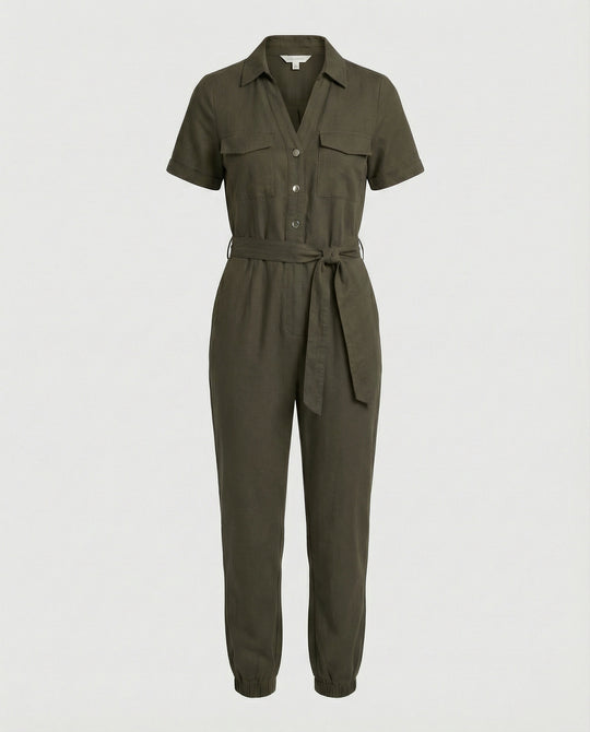 Damen lässiger Jumpsuit mit tailliertem Schnitt und durchgehender Knopfleiste R&B