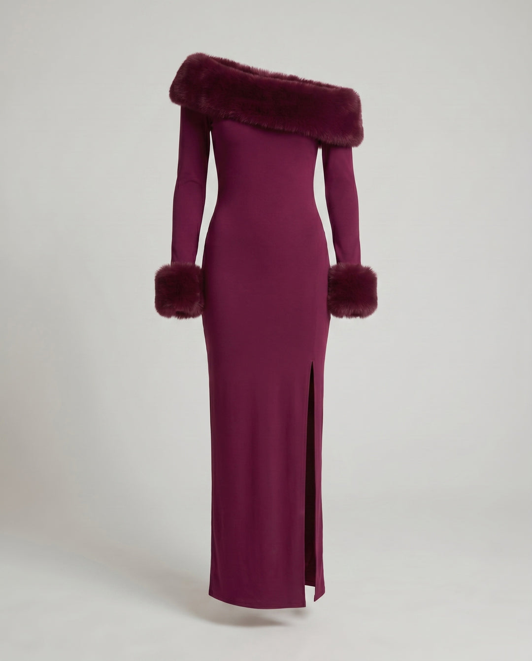 Damen Elegantes Langarm-Maxikleid mit abnehmbarem Pelzbesatz R&B