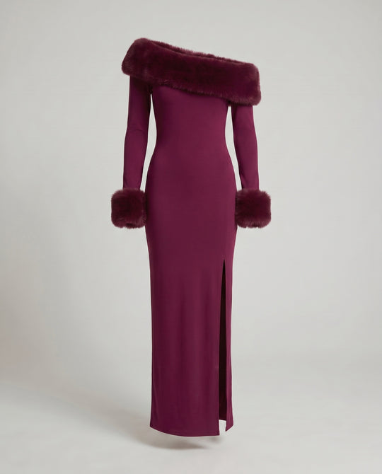 Damen Elegantes Langarm-Maxikleid mit abnehmbarem Pelzbesatz R&B