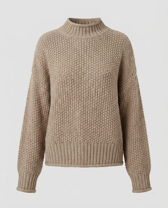 Damen kuscheliger Strickpullover mit hohem Kragen und weit geschnittenen Ärmeln R&B