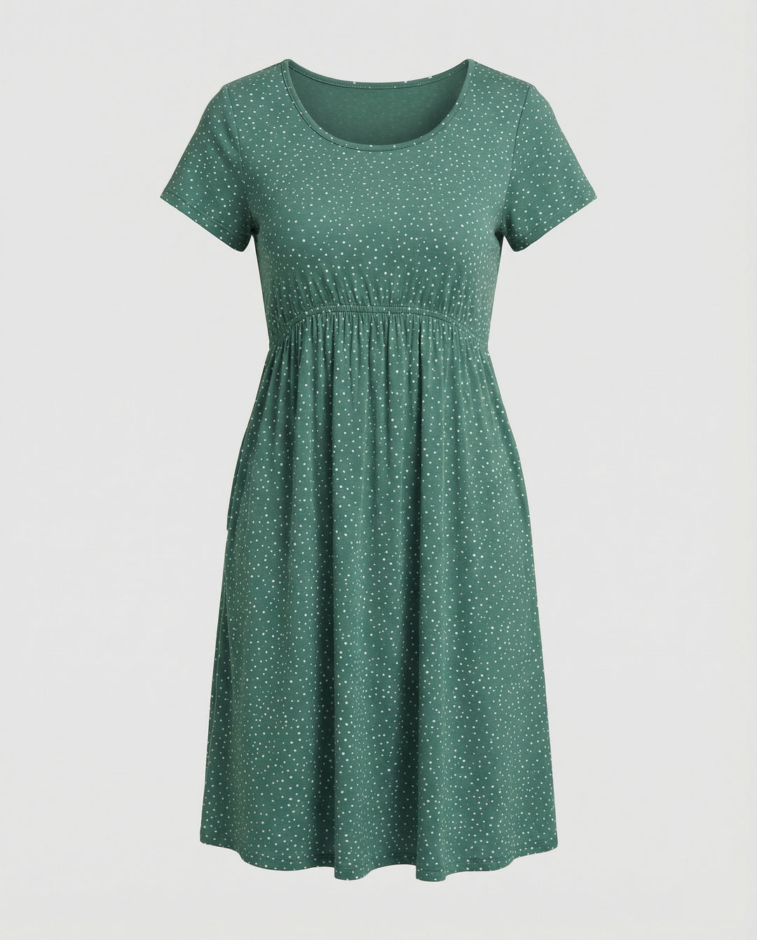 Damen Elegantes Grünes Midikleid mit Punktmuster & Kurzen Ärmeln | R&B