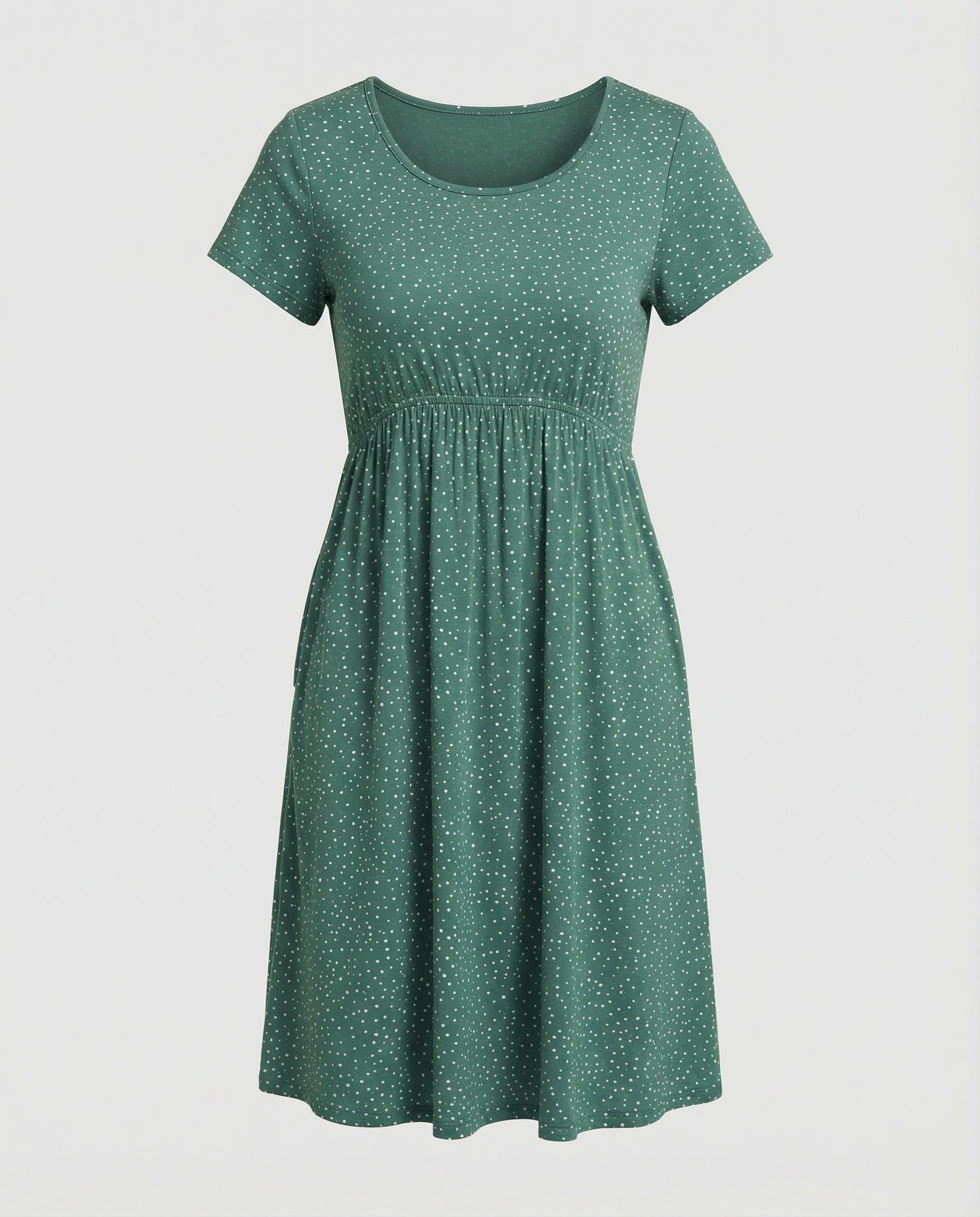 Damen Elegantes Grünes Midikleid mit Punktmuster & Kurzen Ärmeln - R&B
