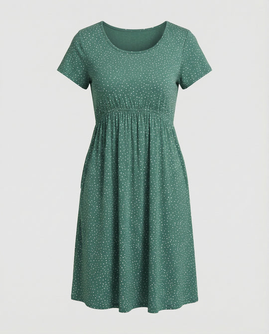 Damen Elegantes Grünes Midikleid mit Punktmuster & Kurzen Ärmeln | R&B
