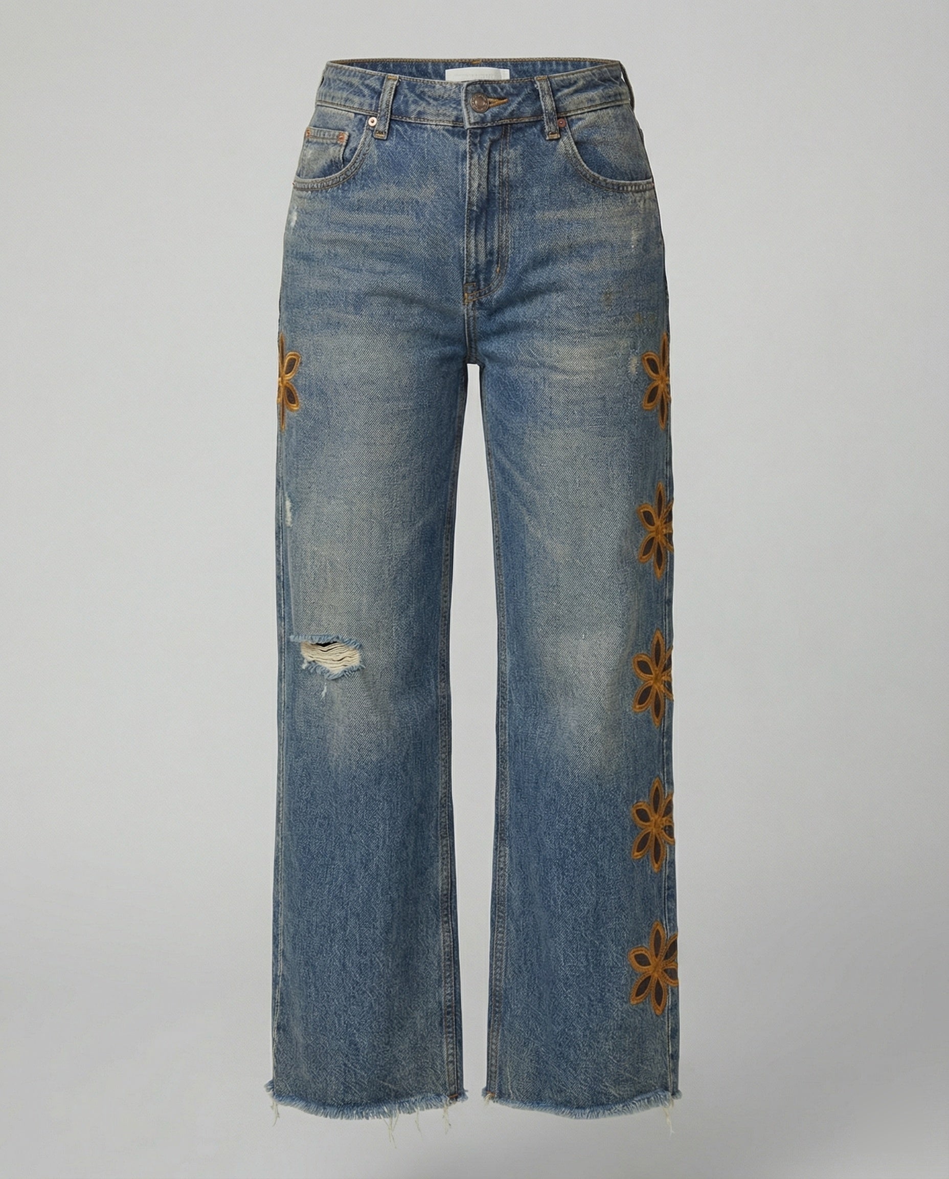 Damen Weit geschnittene Jeans im floralen Design mit bunten Applikationen R&B