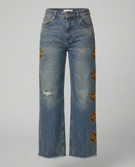 Damen Weit geschnittene Jeans im floralen Design mit bunten Applikationen R&B
