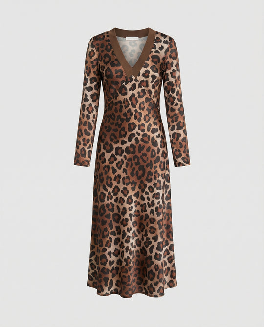 Damen Midikleid Satin Leopard Print