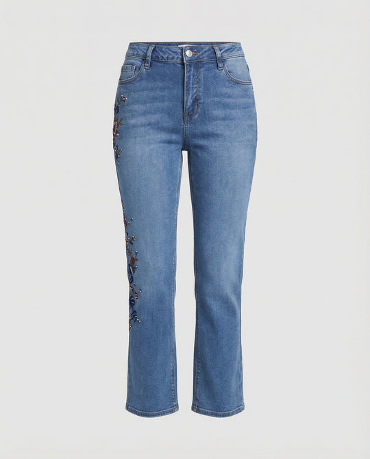 Damen Bootcut Jeans mit floraler Stickerei Stretch