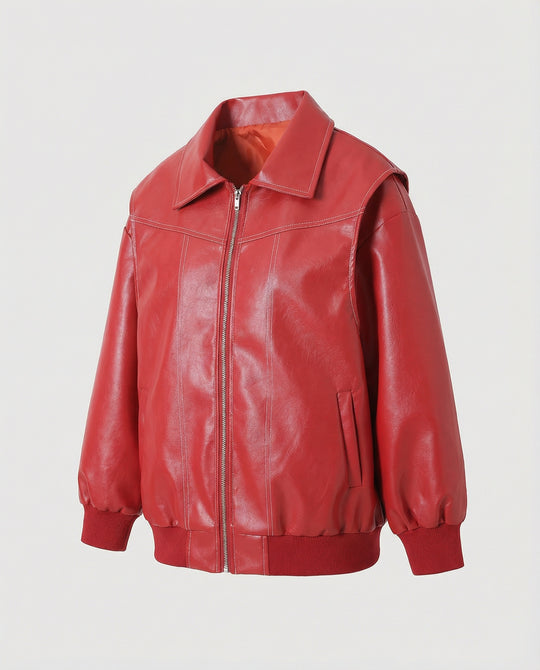 Damen elegante Kunstlederjacke mit hohem Kragen