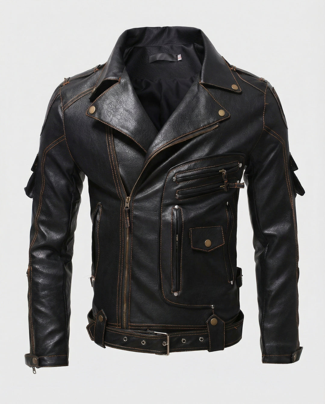 Herren Lederjacke mit asymmetrischem Reißverschluss und Taschen