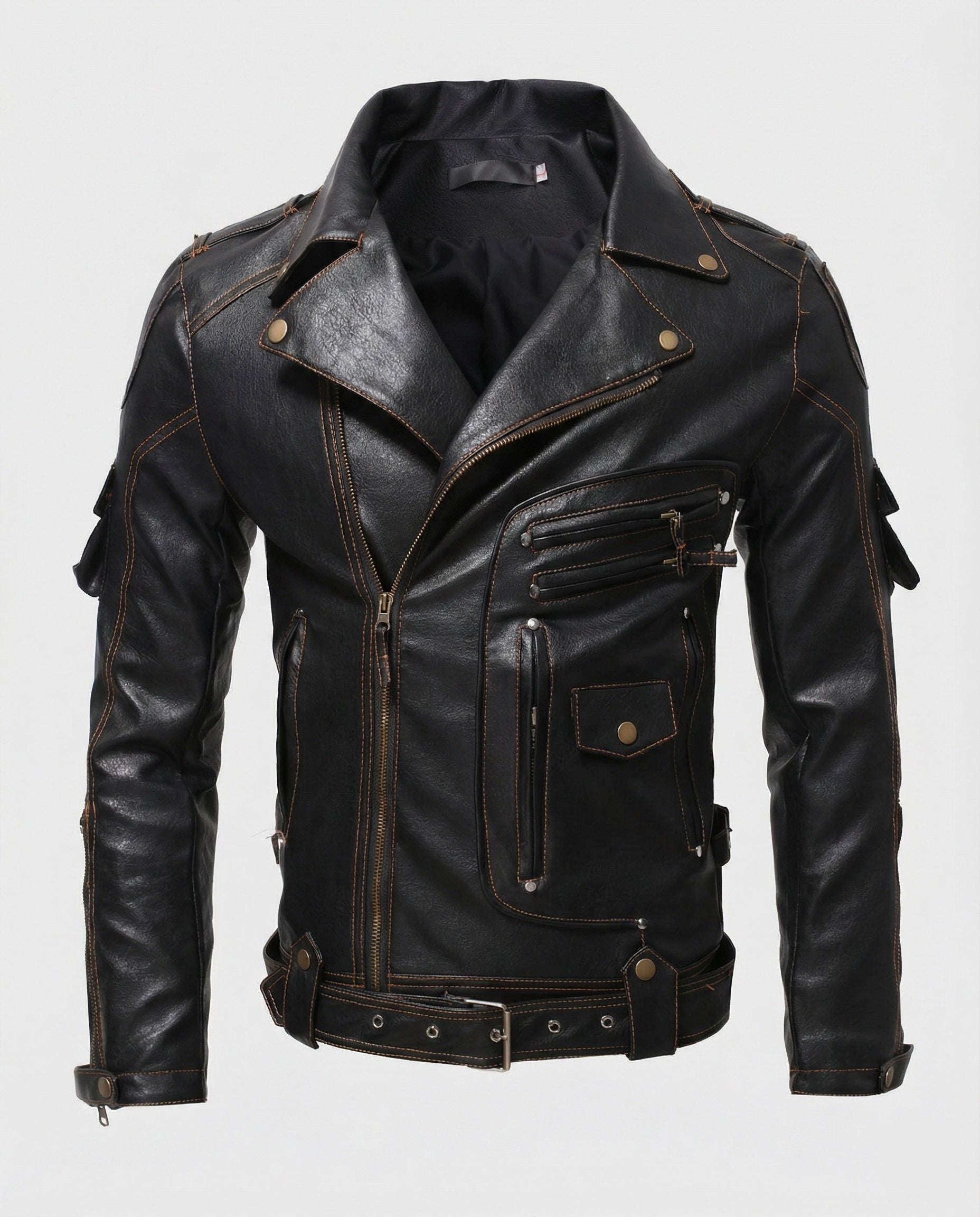 Herren Lederjacke mit asymmetrischem Reißverschluss und Taschen