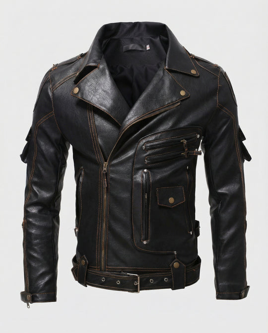 Herren Lederjacke mit asymmetrischem Reißverschluss und Taschen