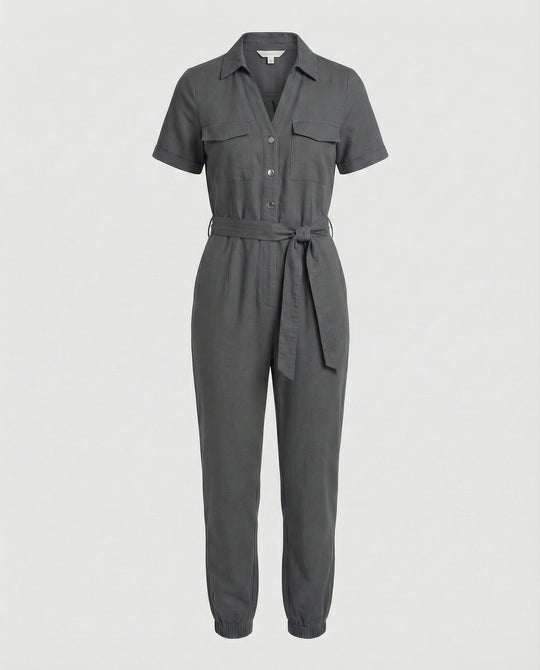 Damen lässiger Jumpsuit mit tailliertem Schnitt und durchgehender Knopfleiste R&B