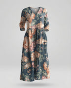 Damen Maxikleid Sommer Leinenoptik V-Ausschnitt