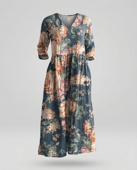Damen Maxikleid Sommer Leinenoptik V-Ausschnitt