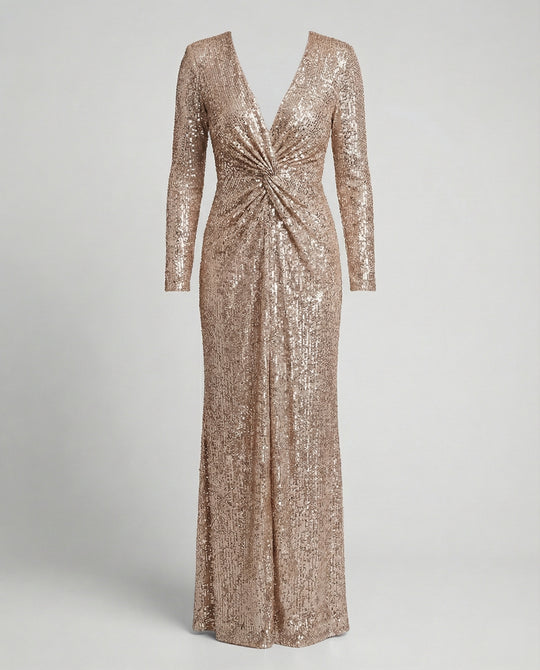 R&B | Give Em' Glam Paillettenkleid mit Langen Ärmeln und Gekreuztem Taillendetail Abend-Maxikleid