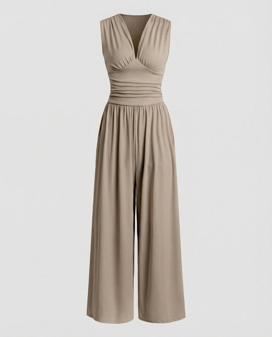 Damen Jumpsuit mit schickem V-Ausschnitt und weitem Bein R&B