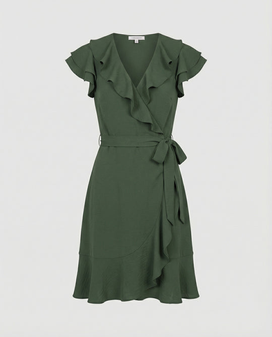 Damen Wickelkleid mit voluminösen Rüschendetails und Taillengürtel R&B