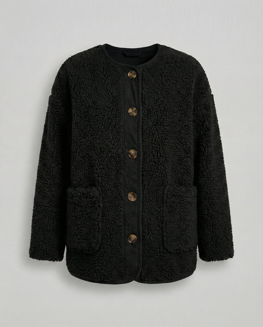 R&B | Damen Warme Winterjacken - Lässige Langarm Button-up Fleecejacke aus Sherpa