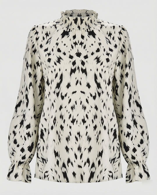 Damen elegante Bluse mit Rüschensaum und stilvollem Tiermuster R&B